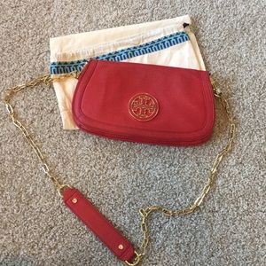 Red Tory Burch Clutch With Gold Chain Strap